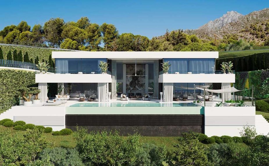 Fachada Villa Alcuzcuz, la vivienda más sostenible que se está construyendo en Marbella.