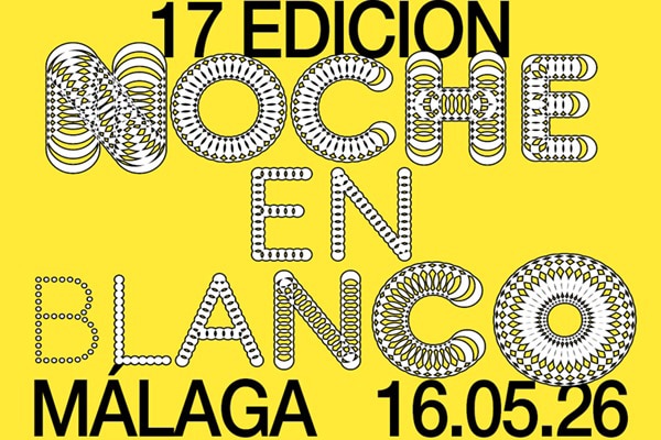 Cartel promocional de la XVII edición de La Noche en Blanco de Málaga con fondo amarillo y tipografía artística.