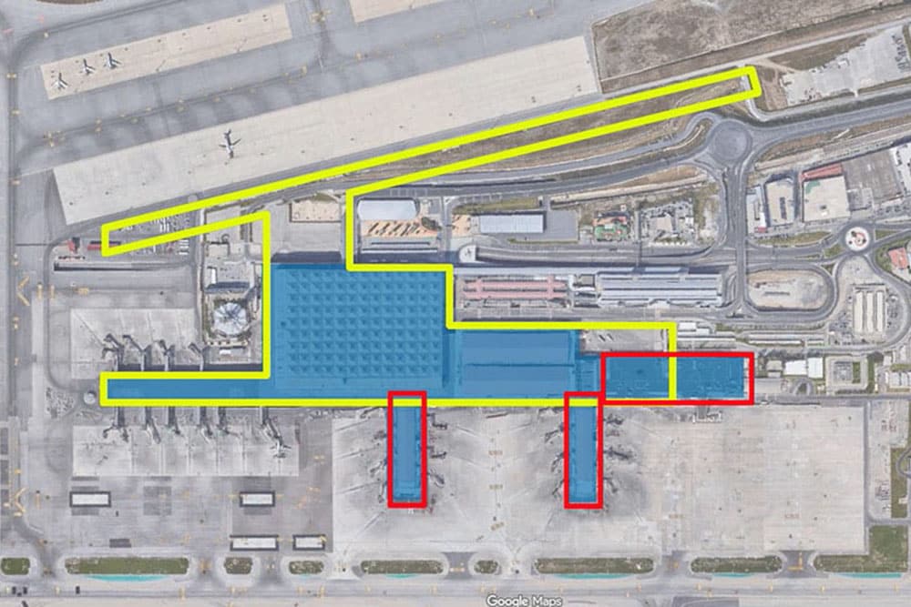 Infografía del nuevo aeropuerto. La línea amarilla es la superficie de la nueva terminal. La línea roja son los espacios a demoler: Terminal 1 y Diques B y C. El fondo azul es la superficie de la terminal actual.