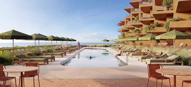 Recreación de la piscina y terrazas de Kategora Malak frente al Mediterráneo, en Rincón de la Victoria.